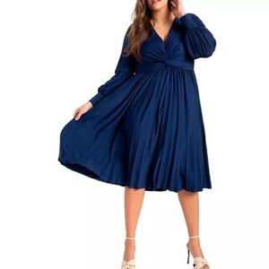 NWT ELOQUI Blue Slimming Midi Knot Front Pleated Skirt Long Sleeve Dress Size 24